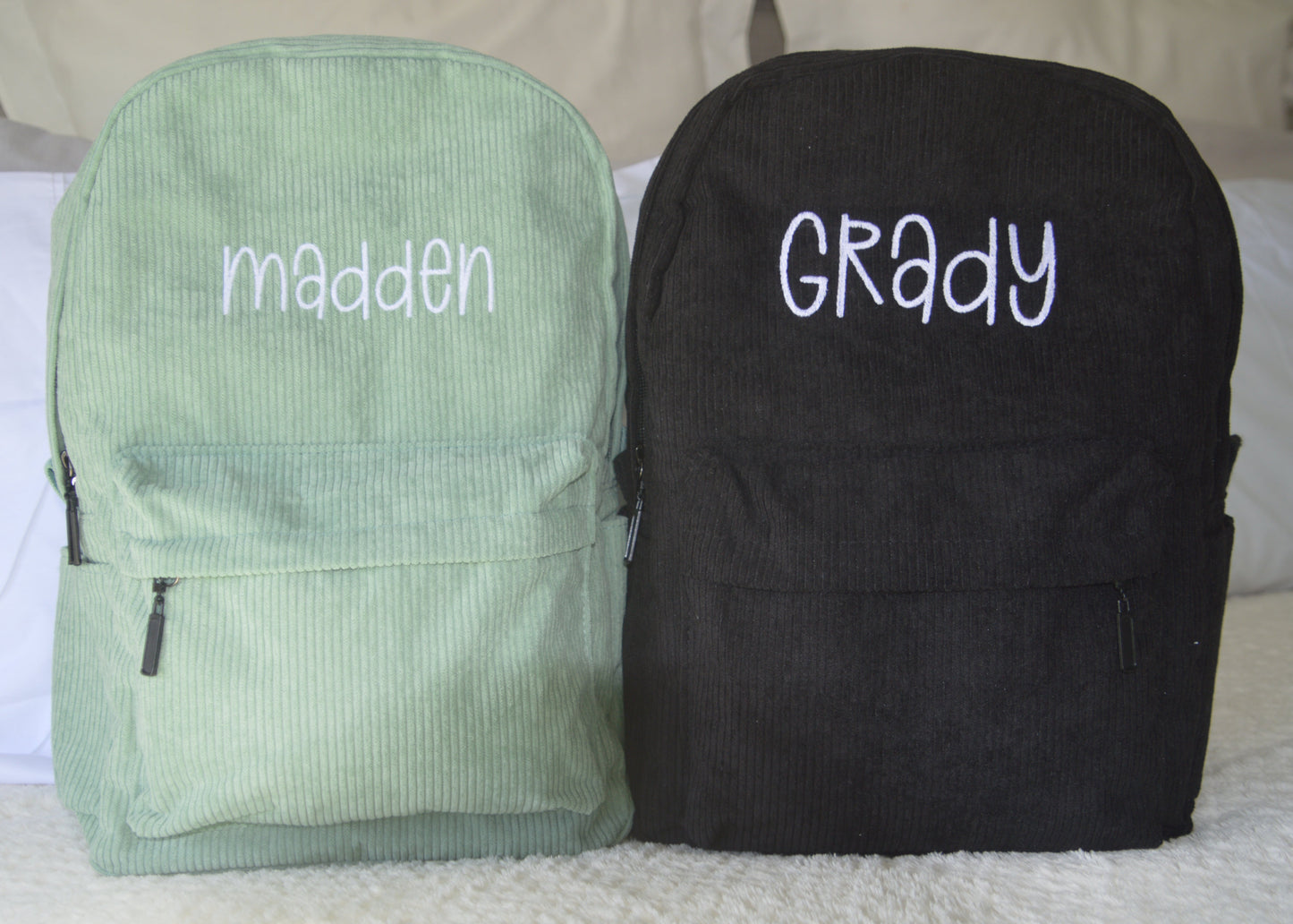 PERSONALISED MINT GREEN CORDUROY BACKPACK