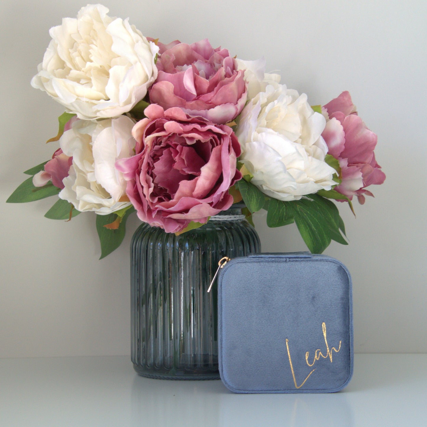 PERSONALISED  PERIWINKLE BLUE VELVET JEWELLERY BOX