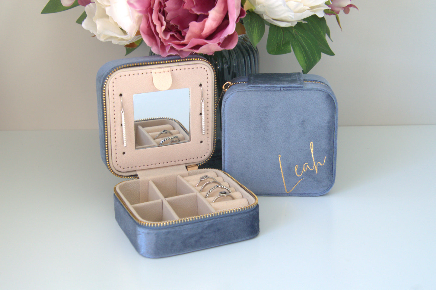 PERSONALISED  PERIWINKLE BLUE VELVET JEWELLERY BOX