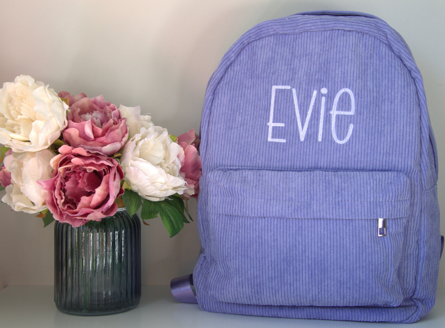 PERSONALISED LILAC CORDUROY BACKPACK (No Padded Straps)