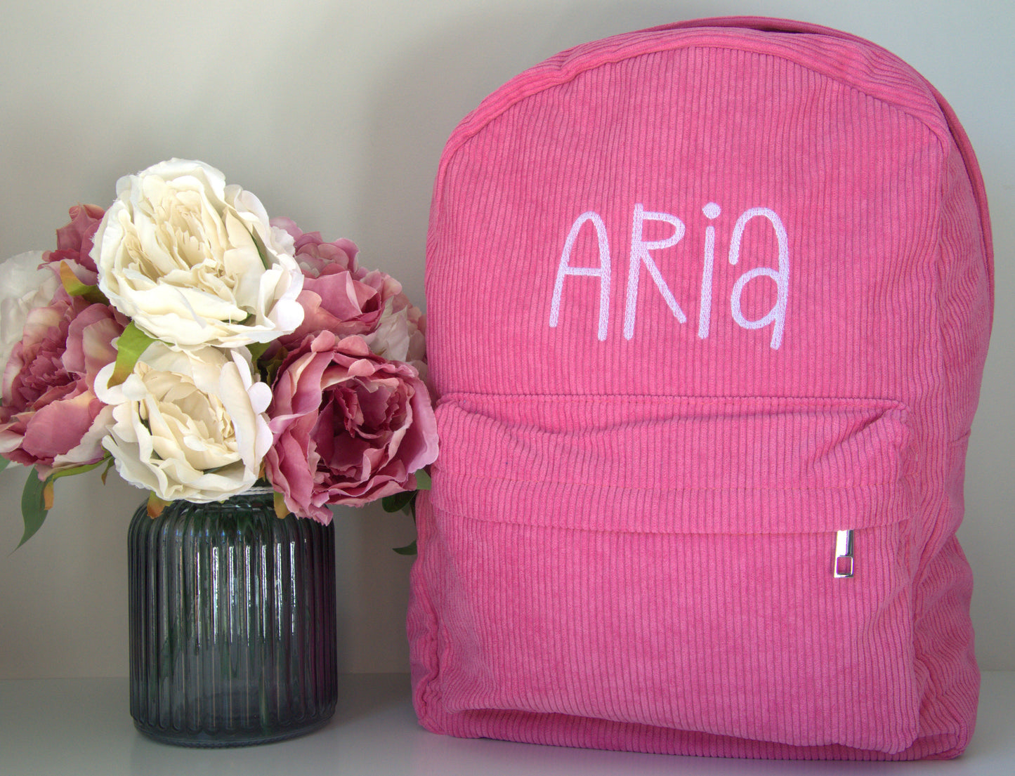 PERSONALISED RASBERRY PINK CORDUROY BACKPACK (No padded straps)
