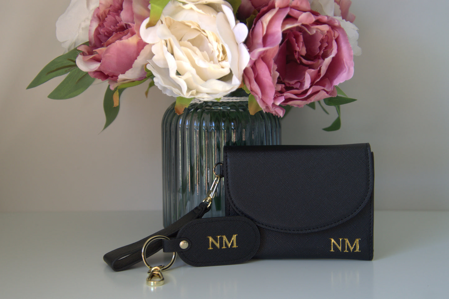 PERSONALISED BLACK LEATHER WALLET AND KEYRING BUNDLE
