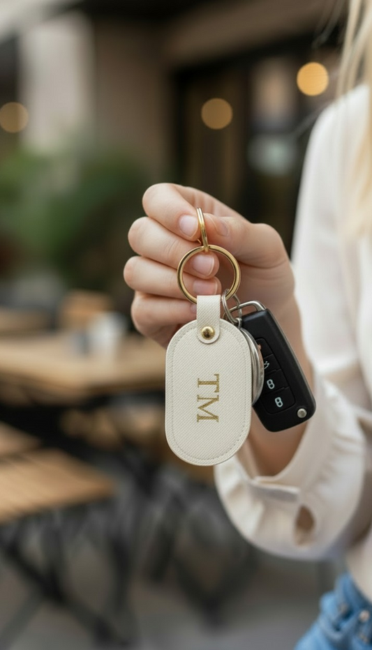 MONOGRAMMED OVAL IVORY LEATHER KEYRING