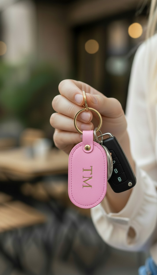 MONOGRAMMED OVAL BABY PINK LEATHER KEYRING