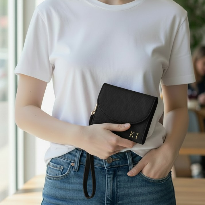 PERSONALISED BLACK LEATHER WALLET AND KEYRING BUNDLE