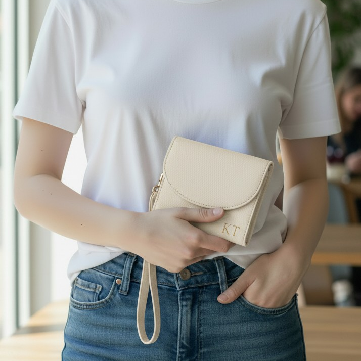 PERSONALISED IVORY LEATHER WALLET AND KEYRING BUNDLE