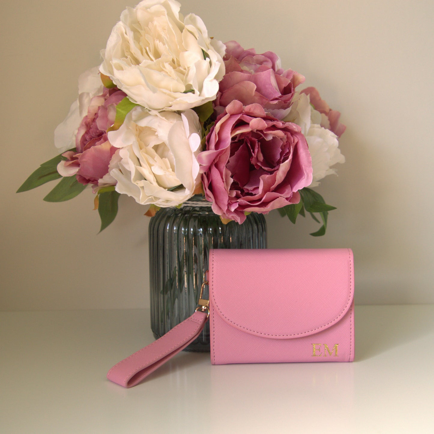 PERSONALISED BABY PINK LEATHER WALLET AND KEYRING BUNDLE