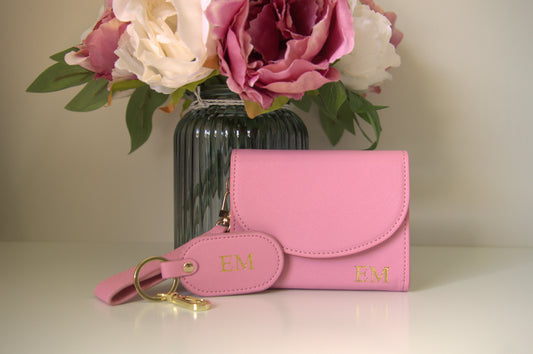 PERSONALISED BABY PINK LEATHER WALLET AND KEYRING BUNDLE